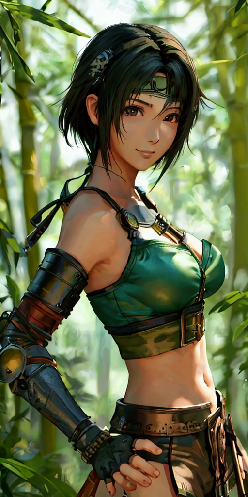 (((masterpiece))),((Highest quality、masterpiece、anime style、best quality、high resolution、8k、detailed、ultra-detailed:1.3)),(((Beautiful one woman:1.3))),((yuffie kisaragi,Black Hair、Shortcuts:1.3)), headband, green crop top, shoulder armor, armguard, fingerless gloves, tan shorts, single thighhigh, fishnets, upper body, looking at viewer, furrowed brow, smug smile, closed mouth, grass, bamboo, sky,sexy pose,(((outdoor))),Daytime