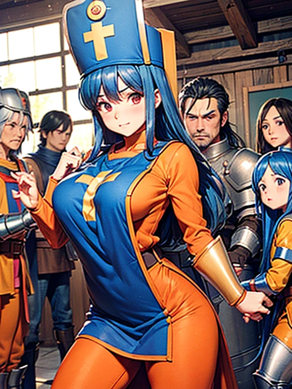 (game CG), From before, cowboy shot, chest focus, (2 boys:1.2) and (1 girl), hetero, (priest(dq3):1.3), (zentai, body stockings), blue long apron, Apron over full body tights, apron over body stockings, blue hair, small breasts, (Chest grab:1.4), (girl is raising her arms:1.1), (tired:1.3), (blush), closed mouth, glowing skin, (man on either side of woman, woman caught between men), (Men wear armor:1.4), (vapor:1.3), stone wall, (masterpiece, highest quality, High resolution:1.3), perfect anatomy