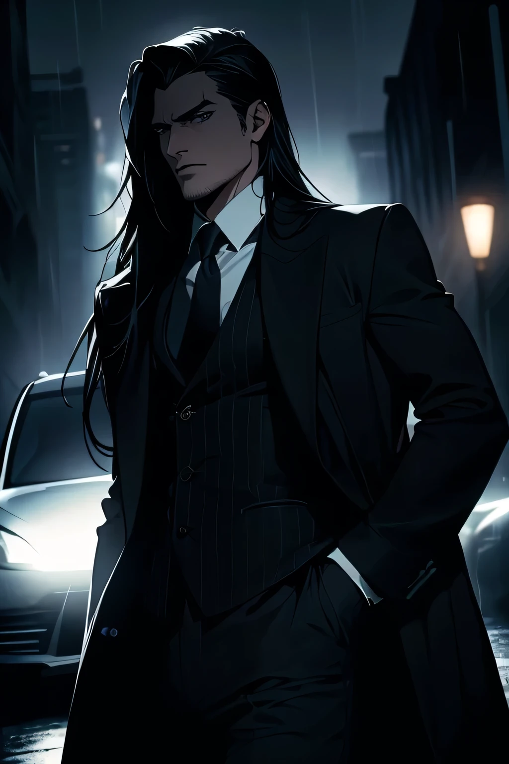 a man with long black hair and intense black eyes wearing a suit, enigmatic and serious expression, dark moody atmosphere, cinematic lighting, dramatic shadows, highly detailed, photorealistic, 8k, best quality, masterpiece