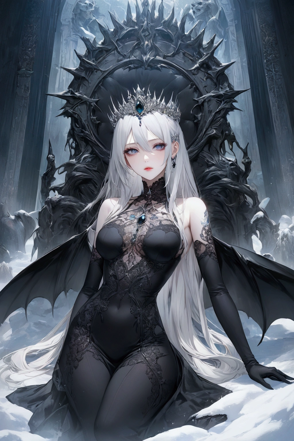 masterpiece, best quality, (extremely detailed CG 8k wallpaper unit), (best quality), (best illustration), (best shadow), realistic lighting(8k image), detailed fingers, detailed hands, detailed body, mermaid, white, white hair with a black lock, long hair, large breasts, heaving, inside the sea, dark environment, shipwreck, black bra, red eyes, red lips, dark gray tail, air bubbles in the background, queen's crown on head, chained neck