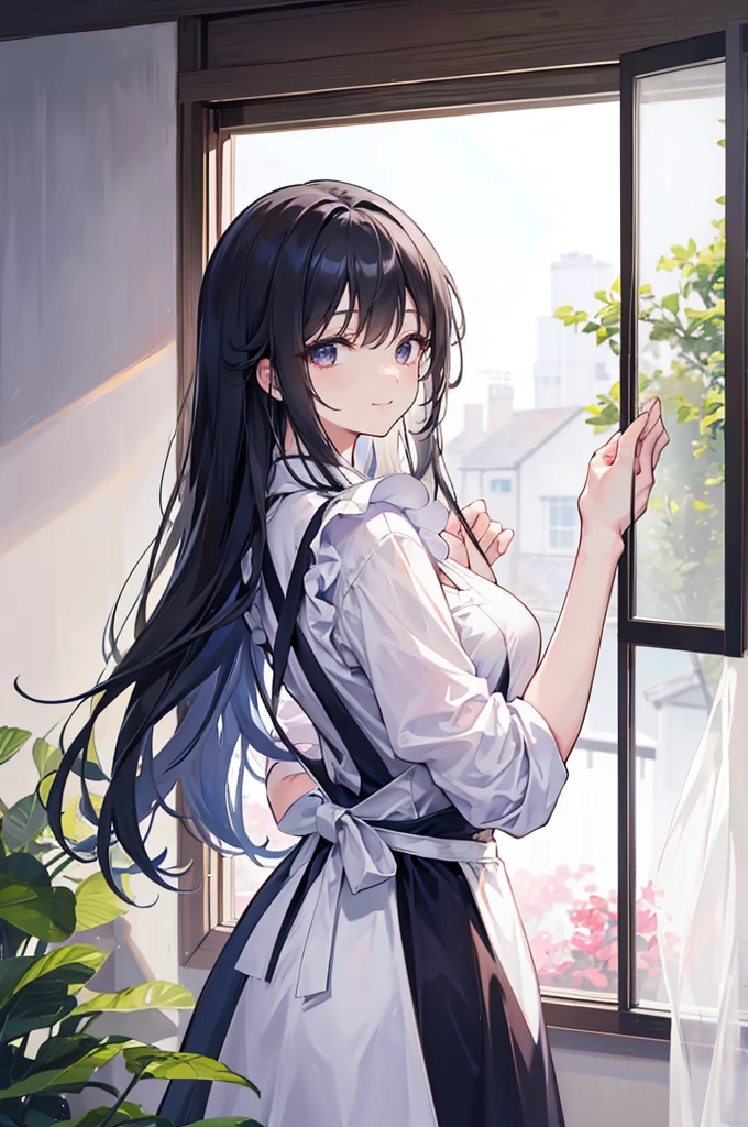 meticulous description，detailedlight，Light and shadow tracking，exquisite
Characterize the eye，hair straight，ssmile，Warmth，adolable，Black color hair，Black eyes，Beautuful Women，Beautiful facial features，School style，a blue dress，tmasterpiece，Home，warm，The mouth is delicately depicted，hair adornments