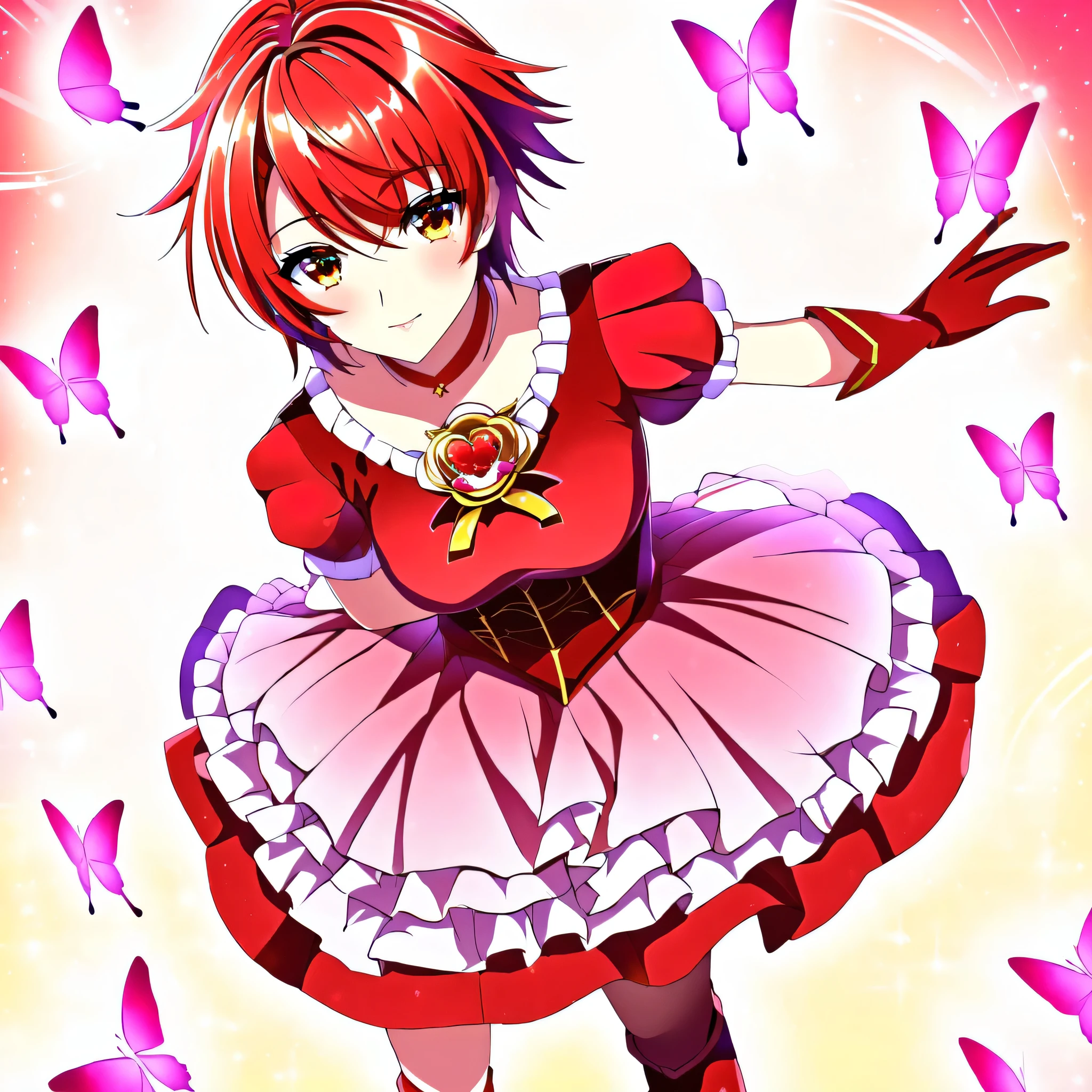 masterpiece、Highest quality、High resolution、1boy、Short Hair、Red hair、Brown eyes、solo、jewelry、pink flower hair ornament、Vivid anime style、is standing、Red dress、butterfly brooch、Puff sleeves、gloves、Layered skirt、mini skirt、Red Boots、Dynamic lighting from above、Light shadows、Vibrant and lively atmosphere、magical boy、Middle Angle Shot、Clear focus、Revealing images、looking at viewer、Cowboy Shot、Male focus、