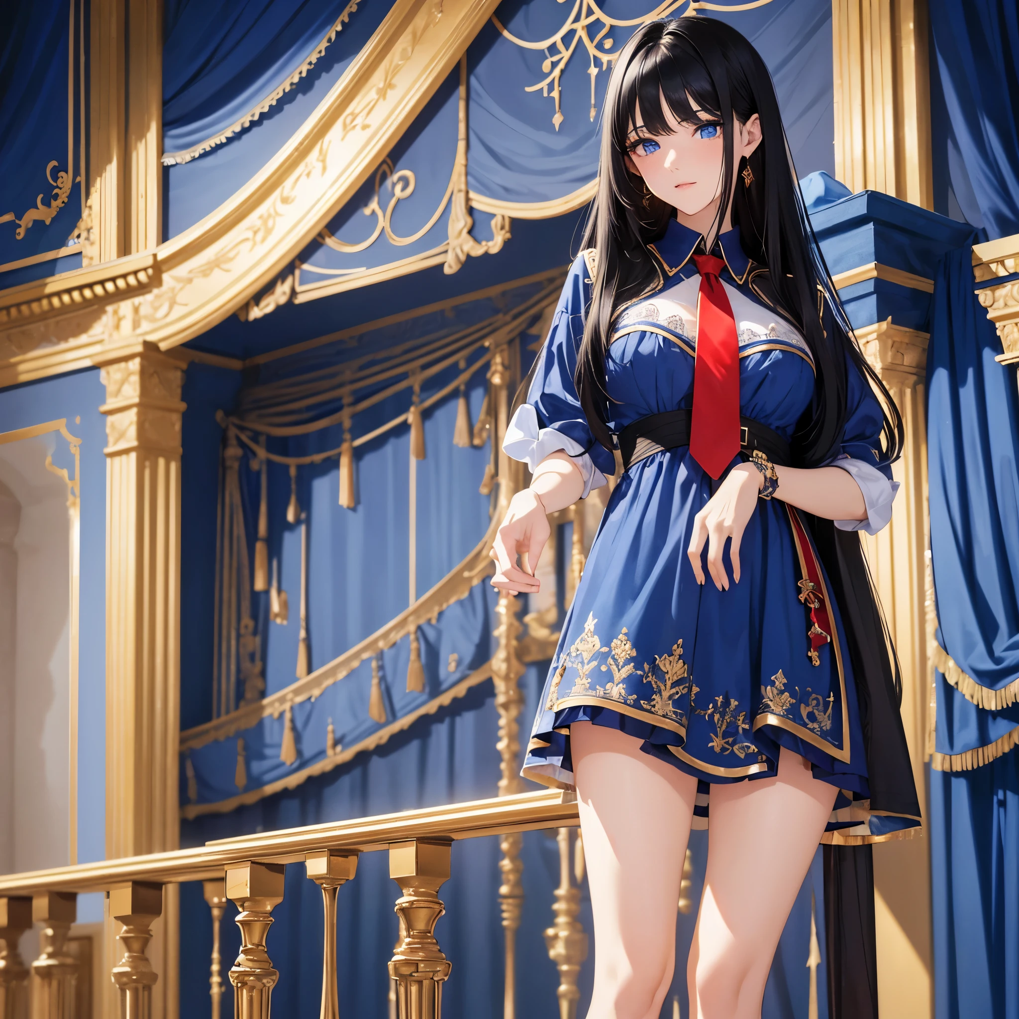 absurderes, ultra-detailliert,bright colour,(in 8K:1.3),masuter piece,extremely beautiful detailed face and eye, 25 years old,(Smooth straight black hair), (Shiny long hair),(Pattsun bangs), (Deep blue eyes) Delicate beautiful face, red blush, (Wearing blue dress with bright red necktie and bright red stockings)Nice Spot, standing, blue curtain background.