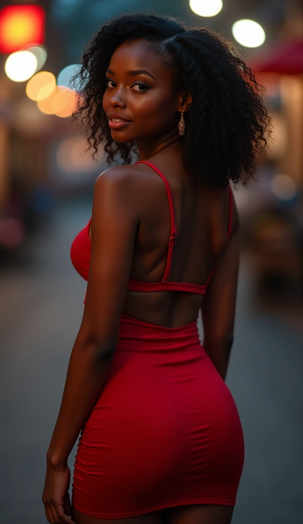 (Best quality,8k,Master part:1.3),mise au point nette:1.2,Detailed portrait of a beautiful African-American woman with a haunting expression. Son visage montre les effets de la toxicomanie - des joues creuses, yeux creux, and worn skin. Despite the difficulties, There's a sense of resilience on his face. She is dressed in designer outfits made from recycled clothes, longue robe rouge sexy et exposant le corps, The dress is slit, revealing thighs, The background shows a dilapidated urban environment, depicting the stark contrast between her inner strength and the harsh realities of her life. Lighting emphasizes its characteristics, projetant des ombres profondes pour accentuer leurs luttes et leur parcours. La palette de couleurs est muette, avec des touches de bleus et de gris, symbolizing vulnerability and strength. Son corps est parfait, Generous breasts, peau brillante, luscious lips, deep neckline. Photo du corps entier, pris de 3/4