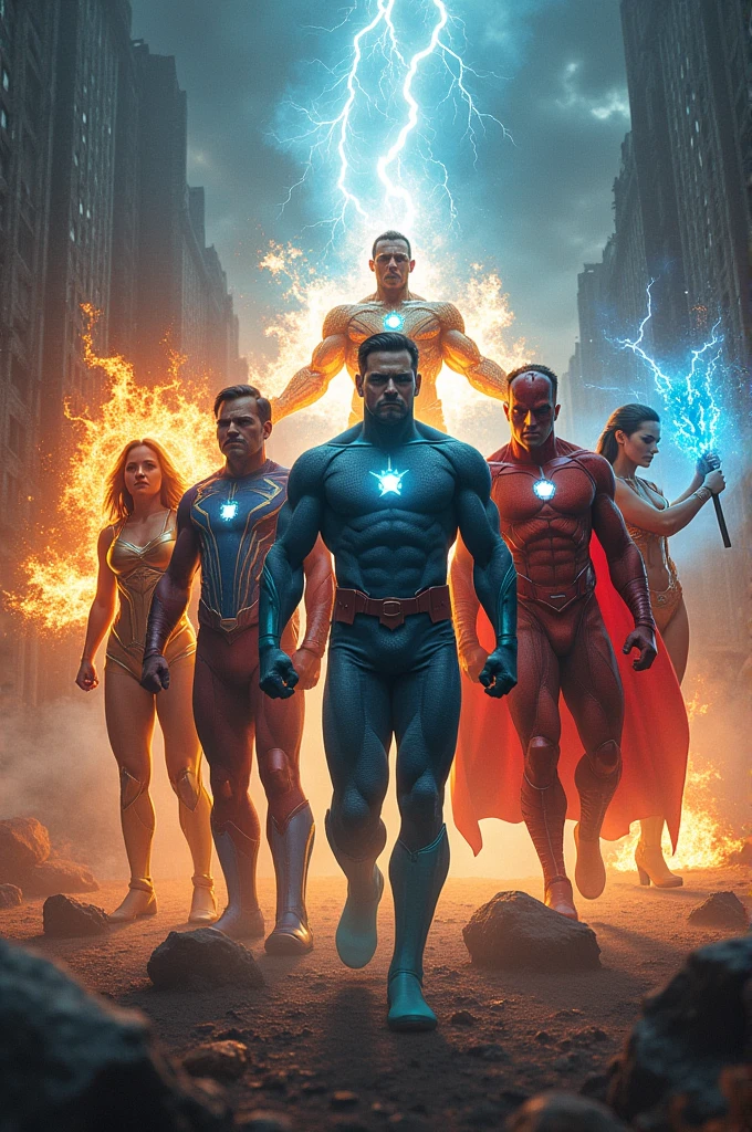 {
"size": "1024x1024",
"prompt": "A dynamic comic book cover featuring a dark stormy sky with colorful lightning bolts. At the center of the storm stands the villain 'Desordem Molecular', a nebulous figure made of smoke and energy, laughing maliciously. The hero 'Proton' is in the foreground, standing strong and determined on a hill with shining armor resembling a shield. Surrounding him are his allies: 'Electron', moving around like a fast ray of light; 'Neutron', calm and focused; 'Catalyst', glowing intensely with a confident smile; and 'Bond', flexing and ready for action. The overall mood of the cover is dramatic and intense, with a mix of bright and dark colors, capturing the tension of the impending battl