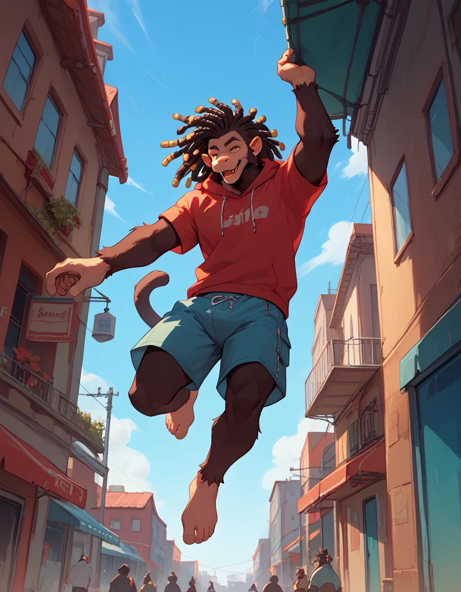 furry, male, monkey, dreadlocks hair, jumping, doing parkour, barefoot, urban settings, low angle view