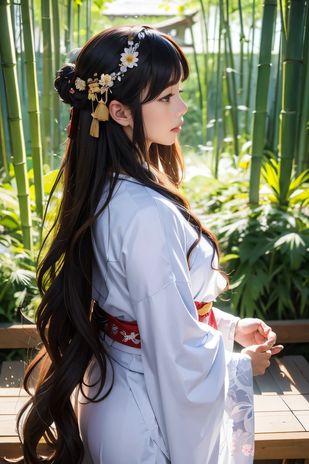 Long Wavy Hair, Floral Hair Accessories, wearing traditional samurai costume、Wearing floral patterns and armor, Sword ready, Concentrate on watching. The background is a natural and quiet bamboo forest, The soft lighting creates a calm and fresh atmosphere.. The image is taken from the side, The exposure is balanced、The subject is in focus.