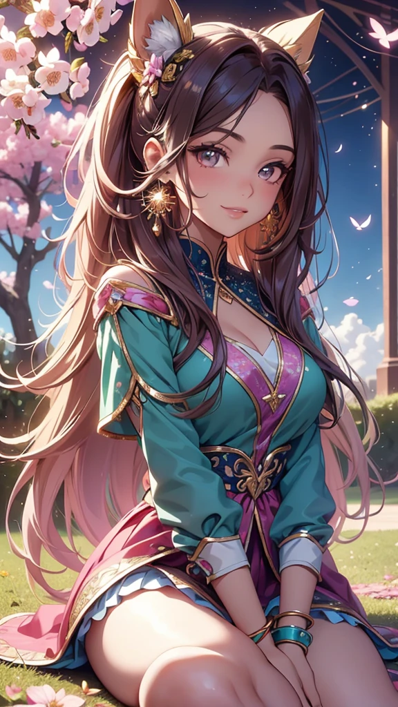 (best quality,4k,8k,highres,masterpiece:1.2),ultra-detailed,(realistic,photorealistic,photo-realistic:1.37),acrylic painting,beautiful Brazilian model in a uniform outfit teal and gold with downy hair,beautiful Brazilian model with extremely colorful brown hair and detailed facial features,beautiful Brazilian model standing in a beautiful garden surrounded by a starry sky,brown hair,beautiful Brazilian model wearing a vibrant pink and teal uniform outfit,beautiful Brazilian model with intricate accessories,cat ears, ,beautiful Brazilian model with long flowing twintails,beautiful Brazilian model with bright brown eyes and rosy lips,beautiful Brazilian model with a joyful expression,beautiful Brazilian model in a dynamic pose with cherry blossoms falling around her,beautiful Brazilian model surrounded by colorful flowers and butterflies,beautiful Brazilian model's school uniform outfit adorned with cute bows and lace details teal and gold,beautiful Brazilian model with an enchanting smile,beautiful Brazilian model with soft, pastel-colored shading,beautiful Brazilian model with a magical glow illuminating her,beautiful Brazilian model in a picturesque setting with a winding path leading to a magnificent castle,beautiful Brazilian model with a fairytale-like background,beautiful Brazilian model with a soft, dreamy atmosphere,beautiful Brazilian model with a subtle bokeh effect,beautiful Brazilian model standing under a sunny sky,beautiful Brazilian model with a warm, golden sunset in the background,beautiful Brazilian model surrounded by twinkling stars and colorful nebulae,creating an ethereal and captivating artistic masterpiece, sitting down, facing camera. 