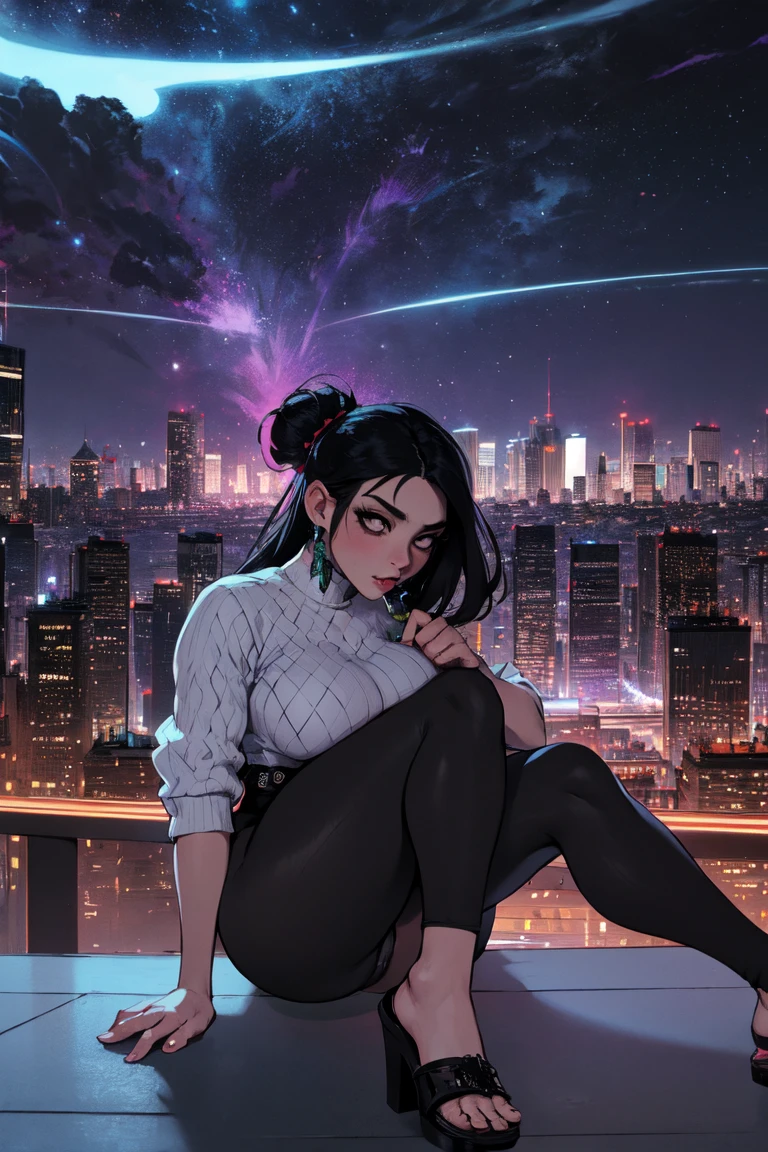 Goth Woman, Asian, Curvaceous Athletes, Cyberpunk Samurai, Samurai Armor, Samurai hairstyle with black hair, Katana and, panties, Fishnet tights, Long Fit Shirt, Japanese made sandals, Cyberpunk cityscape at night with fluorescent signs, High heels,, building, (Cityscape:1.7), , (nightview:1.7),,,, , universe,, (universe:1.5), , Inside the rocket, ,


