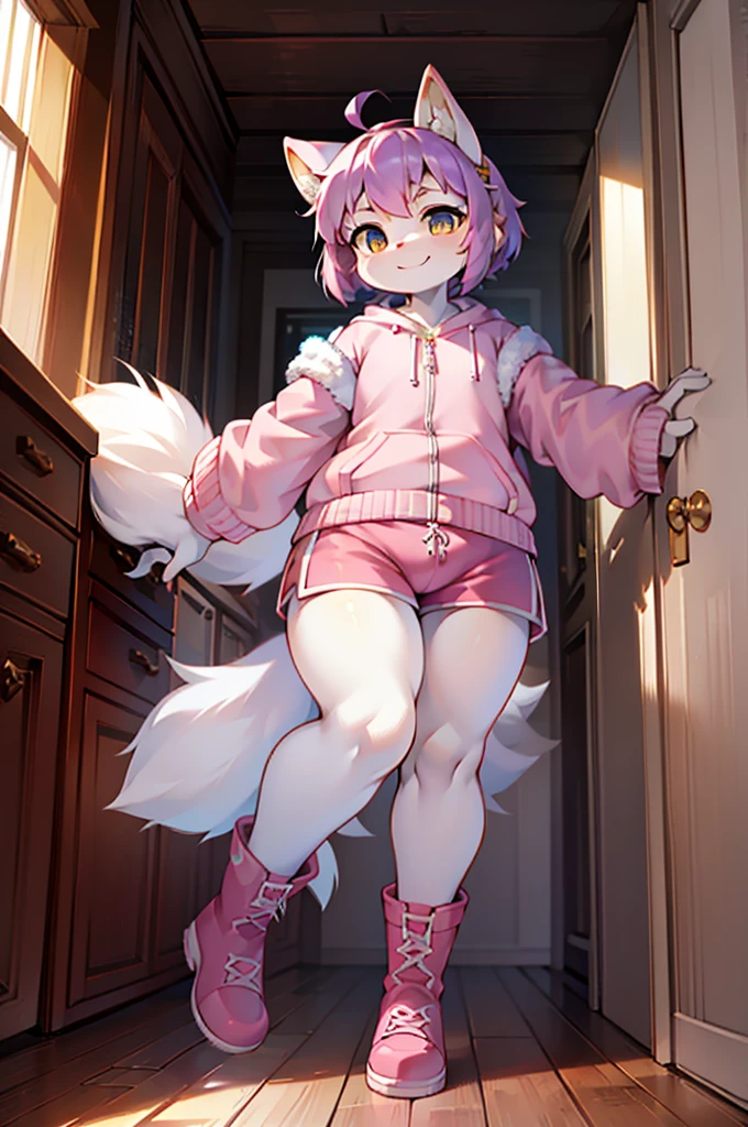 , score_9,score_8_up,score_7_up, source_cartoon, kemono style, an Anthro furry lynx girl, short white hair with pink tips on hair, pink highlights in hair, pink eyes, wearing black underwear, seductive, on her knees, full body shot, feet paws, 4 toes