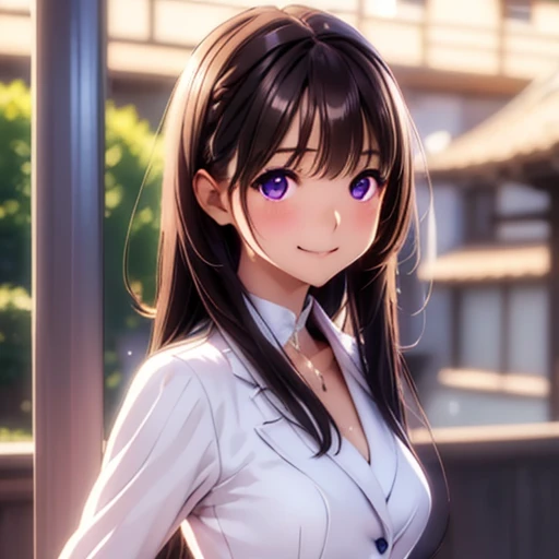 High resolution,In 8K,Highest quality,detailed,Semi-realistic anime,Anime 3D Style,Smooth anime CG,One Girl,1 woman in Japan,slim,Modeled,Shiny brown hair,Medium Hair,detailedな顔,Beautiful and detailed,Glowing Skin,(criminal),((Wearing a suit)),straggling hair,(((One-length hairstyle))),Angel-like hair,(Small breasts),((Deep violet sparkling eyes)),(((Shut your mouth.)),((Laughter)),(((Eyes on the viewer))),