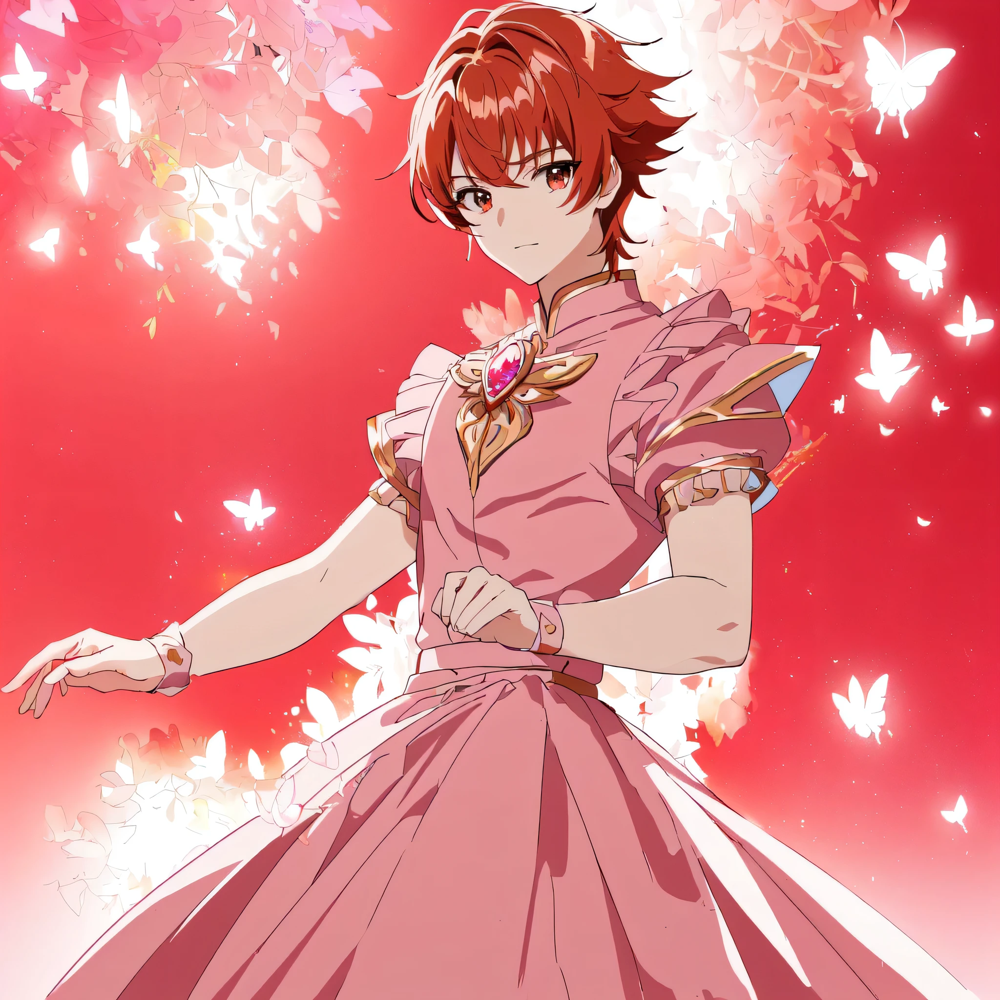 masterpiece、Highest quality、High resolution、1boy、brightexpression、Short Hair、Short spiky red hair with bangs、Brown eyes、solo、Pink dress with white and pink accents、butterfly brooch、jewelry、pink flower hair ornament、Puff sleeves、gloves、Layered skirt、mini skirt、Red Boots、Dynamic action poses、Cowboy Shot、looking at viewer、Male focus、Anime Style、🌟Big eyes、Smooth and clear skin、Bright red background with floating bubbles、Soft lighting、Vibrant and lively atmosphere、Close-up perspective、bright, Sharp focus on characters、No Motion Blur.、(male body:1.3)