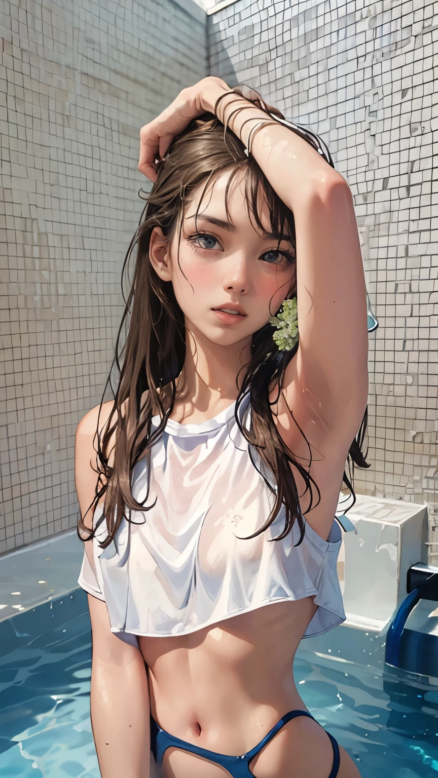 wet hair, two-piece bikini, beige and blue swimsuit, arm raised, hand touching hair, tile background, swimming pool, relaxed pose, water droplets, indoor setting, natural lighting, soft shadows, calm atmosphere, close-up shot, medium depth of field, focus on the subject.