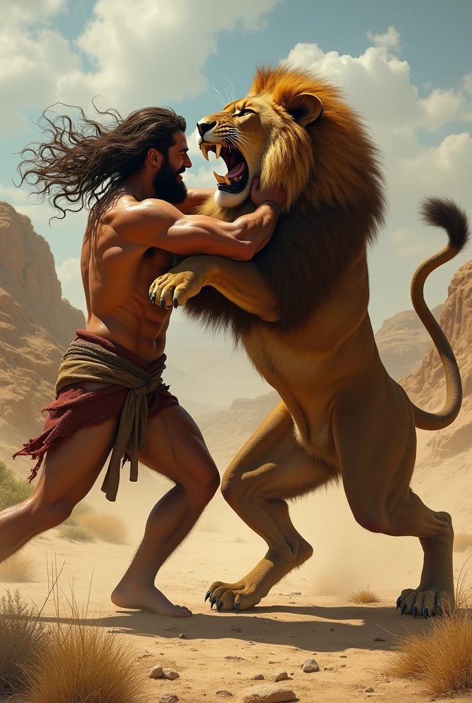Samson is a character from the Bible, Samson is fighting a fierce Lion, Samson is very angry and strong, Samson has a hateful expression, Leo has very sharp teeth and scary eyes, Samson beats the Lion, Maximum detail on his face, maximum detail on Samson's face maximum quality, More details on Samson's skin, full focus, Maximum quality improvement in each image, realistic image, detailed image, Maximum realism, 16k image