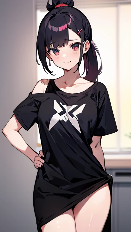 High tail hairstyle, one Ponytail hairstyle, Ponytail hairstyle,white hair, Long wavy black hair, standing posando, anime girl style, pixel art anime style,penetrating look with deep eyes,red and purple eyes, hair with a ponytail hairstyle trapped with a big red bun, women, red hair clips, x color shaped hair clips , smiling face blush, next to his bed, Black hair, thighs grandes, NSFW, from below, neckline, looking at the viewer, lascivious smile, ((oversized t-shirt)), off the shoulders, without pants, washing machines, thighs, ((White T-shirt)), standing, hands on the hips,Hair down to the back