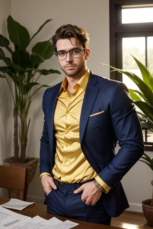 best quality, masterpiece, 8K, HD, masculine, 20 year-old man, very muscular, tanned skin, stylish hair, glasses on top of head, tight business suit, ((shirtspread)), vpl, papers and folders on table, tall indoor plants, big bubble butt, looking directly at camera, very seductive expression, golden ratio, sexy, god rays, soft lighting, dynamic shadows, sharp focus, perfection, no watermark