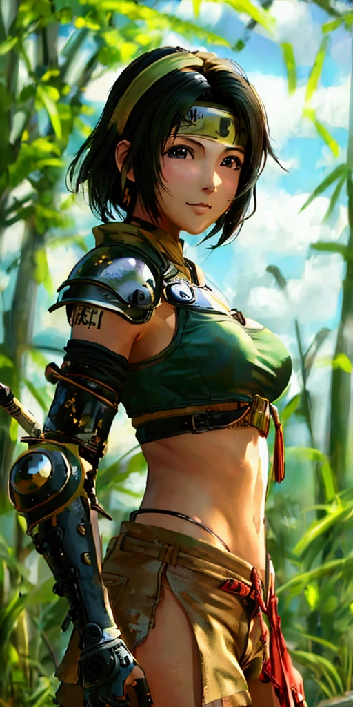 (((masterpiece))),((Highest quality、masterpiece、anime style、best quality、high resolution、8k、detailed、ultra-detailed:1.3)),(((Beautiful one woman:1.3))),((yuffie kisaragi,Black Hair、Shortcuts:1.3)), headband, green crop top, shoulder armor, armguard, fingerless gloves, tan shorts, single thighhigh, fishnets, upper body, looking at viewer, furrowed brow, smug smile, closed mouth, grass, bamboo, sky,sexy pose,(((outdoor))),Daytime