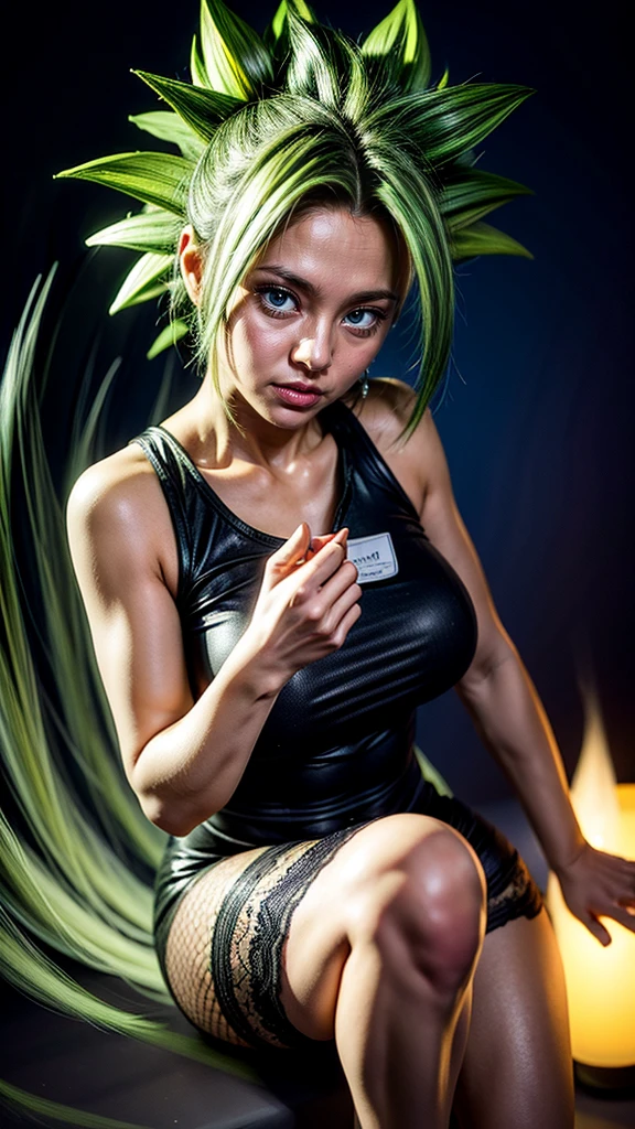 kefla, super_saiyan, green_hair, green_eyes, 1girl, rich_hair, năng lượng, rip_clothes, trang sức, hào quang, legging, quần áo màu đỏ, Ngoạn mục, bên vách đá, nhìn vào người xem, khuôn mặt chi tiết, đôi mắt chi tiết. quần áo màu đỏ