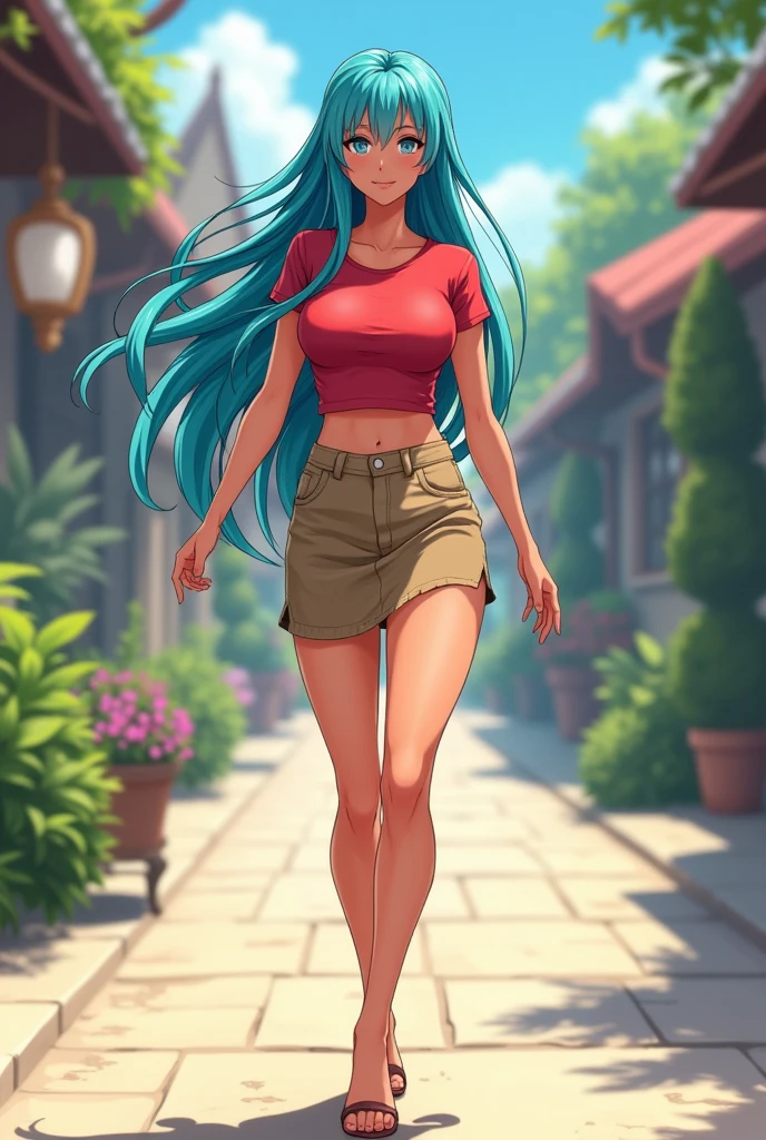 score_9, score_8_up, score_7_up, anime style, full body shot, girl , tattooed blue hair, hime cut, wide green eyes, little nose, shiny pink lips, big breasts, slender body, sweat, white sneakers, sport socks, tight pink crop top, bare shoulders, blue skirt, running in city park, trees, flower garden, lawn, sunny, birds in sky