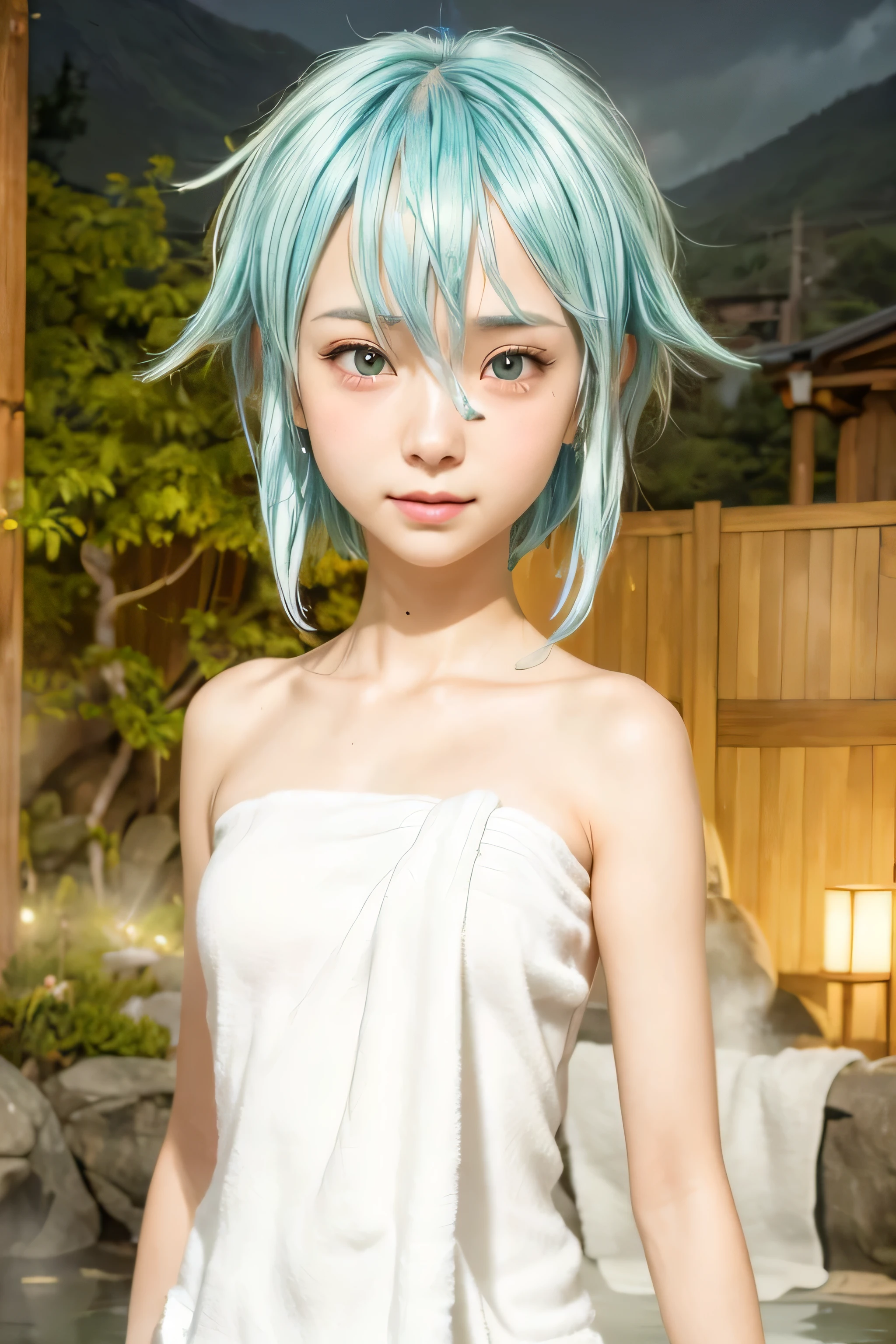 masterpiece, best quality, (realistic,photo-realistic:1.4), (RAW photo:1.2), extremely detailed CG unity 8k wallpaper, delicate and beautiful, amazing,finely detail, official art, absurdres, incredibly absurdres, huge filesize, ultra-detailed,extremely detailed eyes and face,light on face,sinon,(little smile),(blue hair:1.4),(short hair:1.6),(wear blanket:1.4),white lily flower,(sidelocks:1.3)