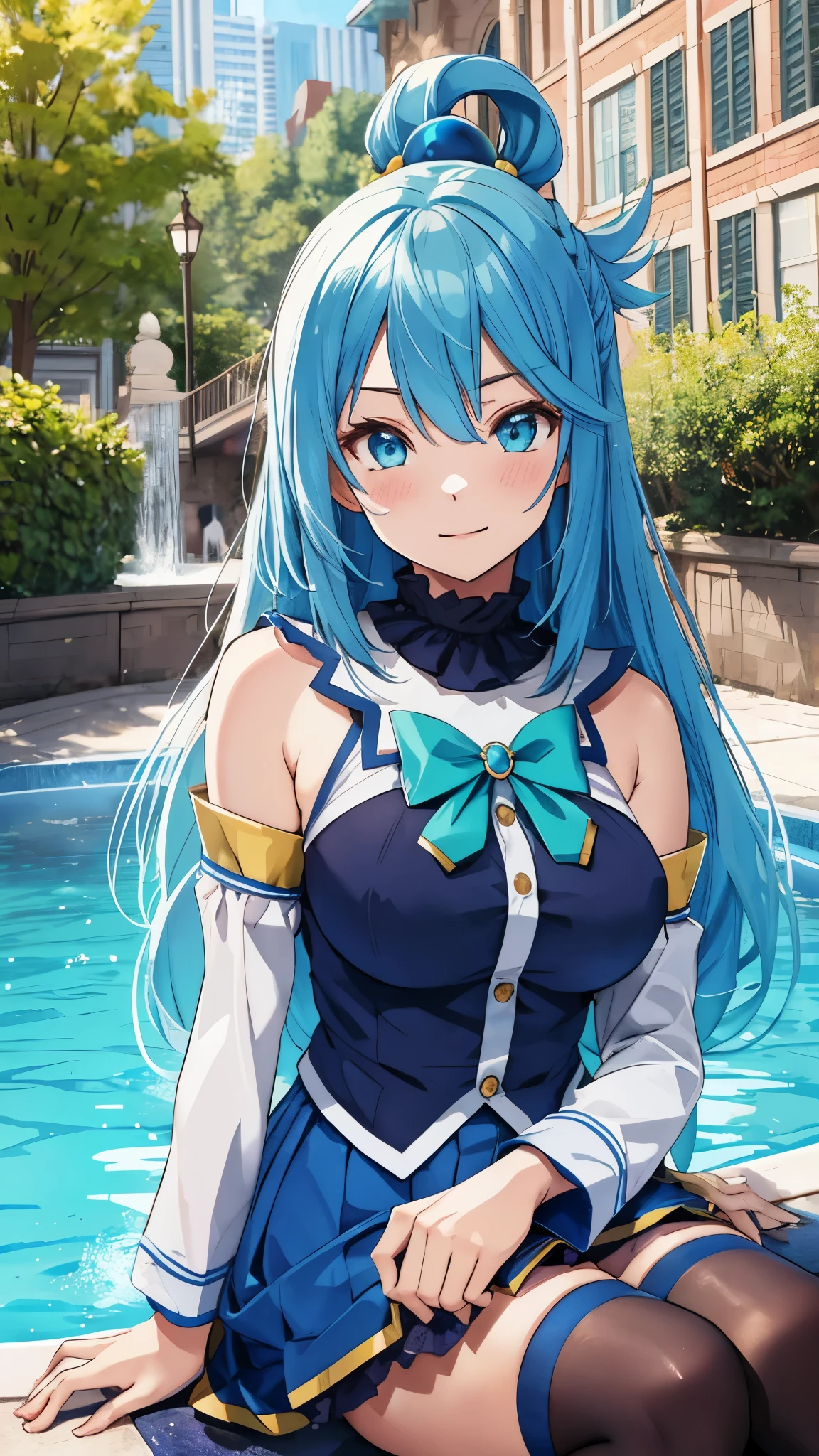 aqua \(Konosuba\), mksks style, (very detailed background:1.0), (highly detailed background:1.0),aaaqua, long hair, blue hair, hair rings, hair ornament, choker, bare shoulders, green bow, blue shirt, detached sleeves, blue skirt, thighhighs, highest quality,((highest quality)),((Tabletop)),((Perfect Face)),become close５Two fingered hand,1 girl,Bright colors, Fountain in the background,　Sit on a park chair，Crying emoticon, Looks like an anime poster,　A fateful journey