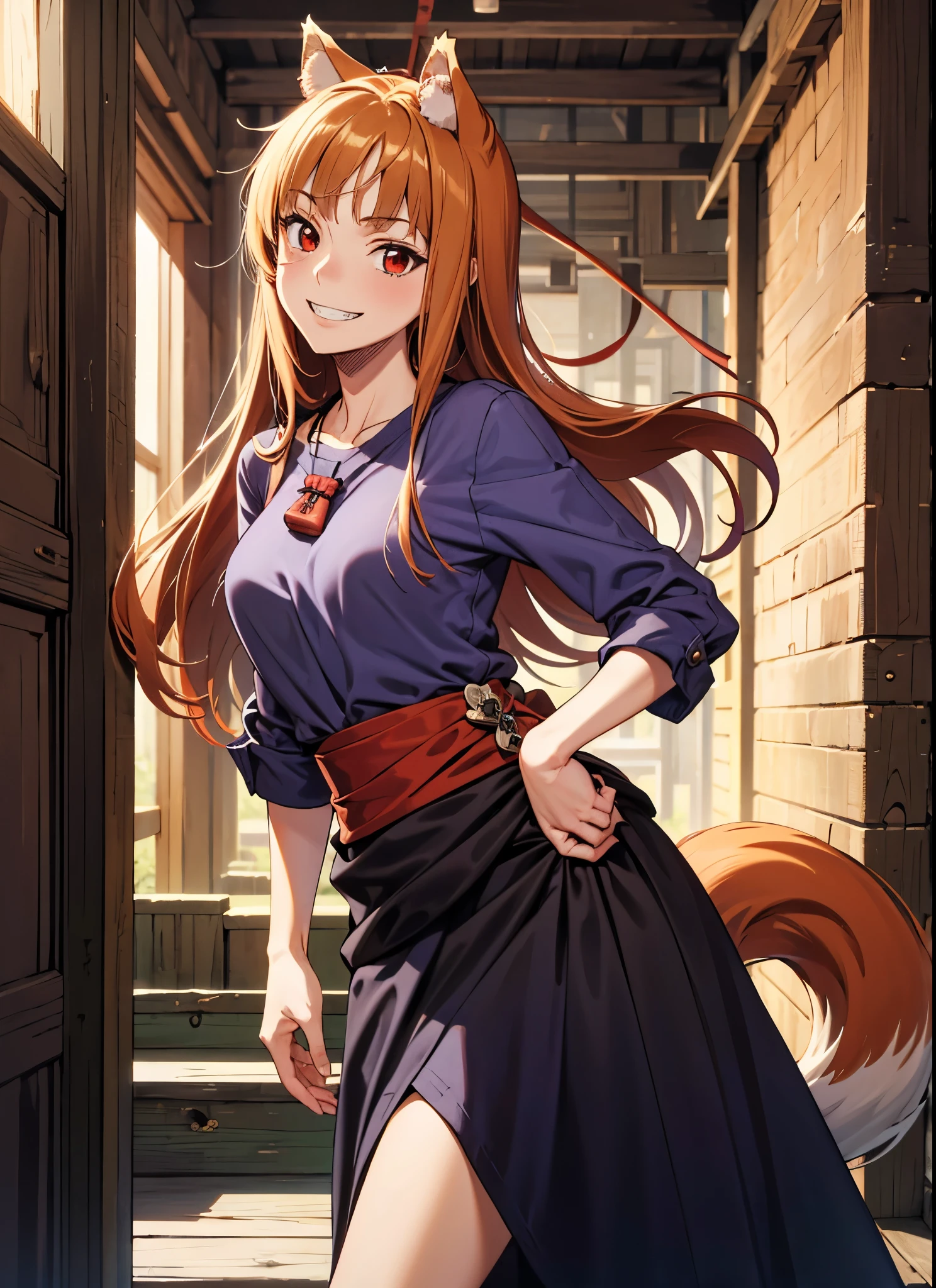 score_9, score_8_up, score_7_up, source_anime, masterpiece, vibrant colours, best quality, detailed, highres, absurdres, 1girl, long hair, brown hair, animal ears, red eyes, wolf tail, necklace, dress, sash, pouch, hand on hip, smile, grin, town, standing