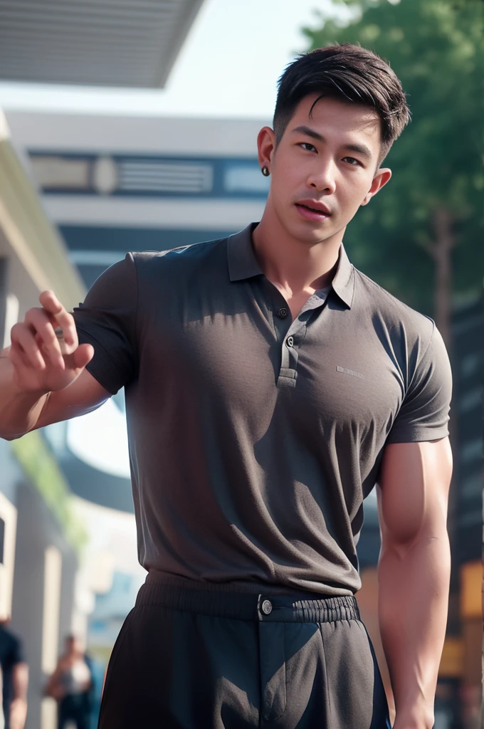 (armface:1.3) , Handsome man standing with his mouth open, (have a mustache:0.8) , (short hair:1.2), The forearms are muscular., (Collared shirt with buttons:1.2), (Grey shirt:1.3), (Wet shirt:1.3),black pants, Big muscles, Handsome and muscular, full body angle, (mall:1.5) ,(Blurred background:1.5)