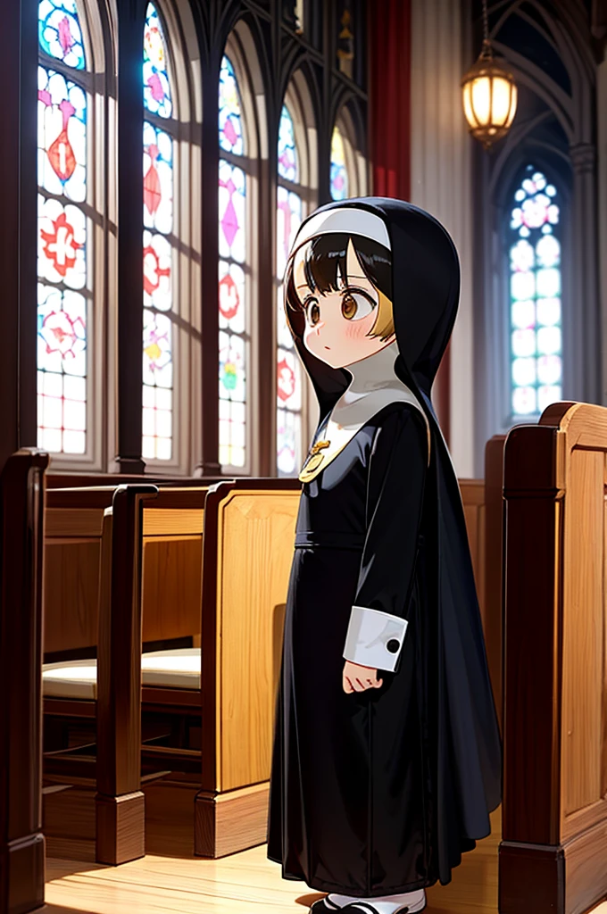 Anime Style,small,small kids,short in life,kids,Immature girl(****:1.1),(Standing:1.2),(nun:1.2),Alone,(color々Hairstyle),church,Offer a prayer