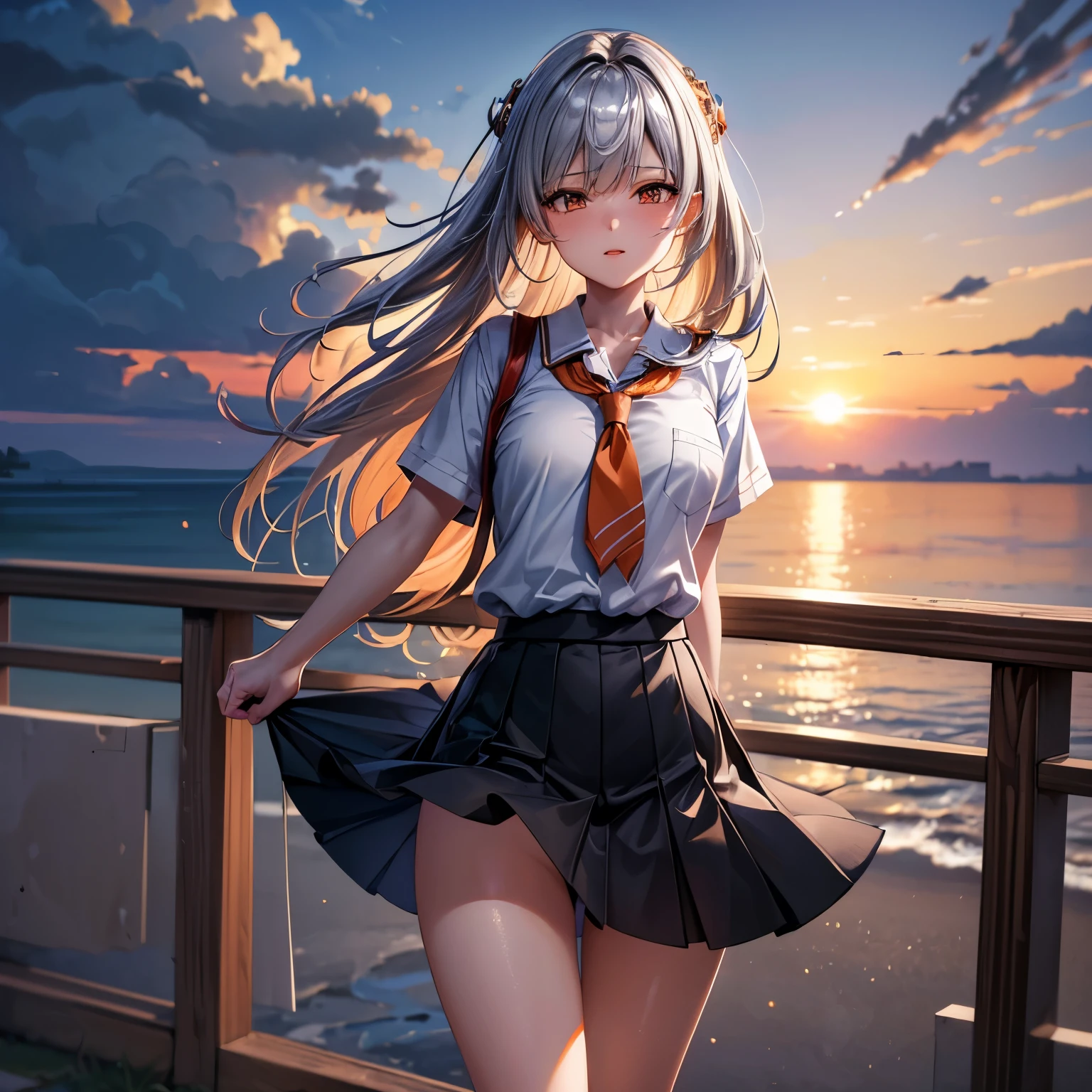 Looking back,
((Kamisato Ayaka in Genshin Impact)), ((semi long beautiful silver blue hair,blunt bangs,pony tail,beautiful blue eyes)), ((panty shot)),((lifting skirt)),((white panties focus)),
(low angle,from below),((masterpiece, highest resolution,best quality)), (beautiful illustration),(solo),(Japanese high ,sailor,mini skirt),(looking back at the viewer), (walking on the moon),(crater,night sky,moon surface,space craft,green earth),(innocent cute smile), (cinematic lighting),sf fantasy world,colorful sky,background,