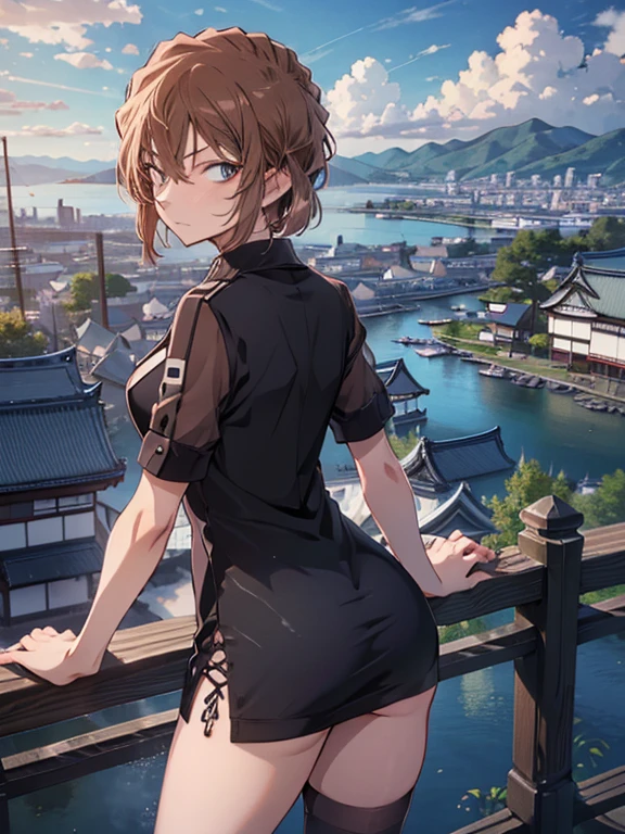 Ninja, Hitman:1.3, Matsuyama Castle in the background, cute, Beauty, short hair, Haibara Ai, Brown Hair, highest quality, 1girl, ccurate, (masterpiece), uhd, retina, anatomically correct, textured skin, super detail, high details, high quality, best quality, highres, 16K