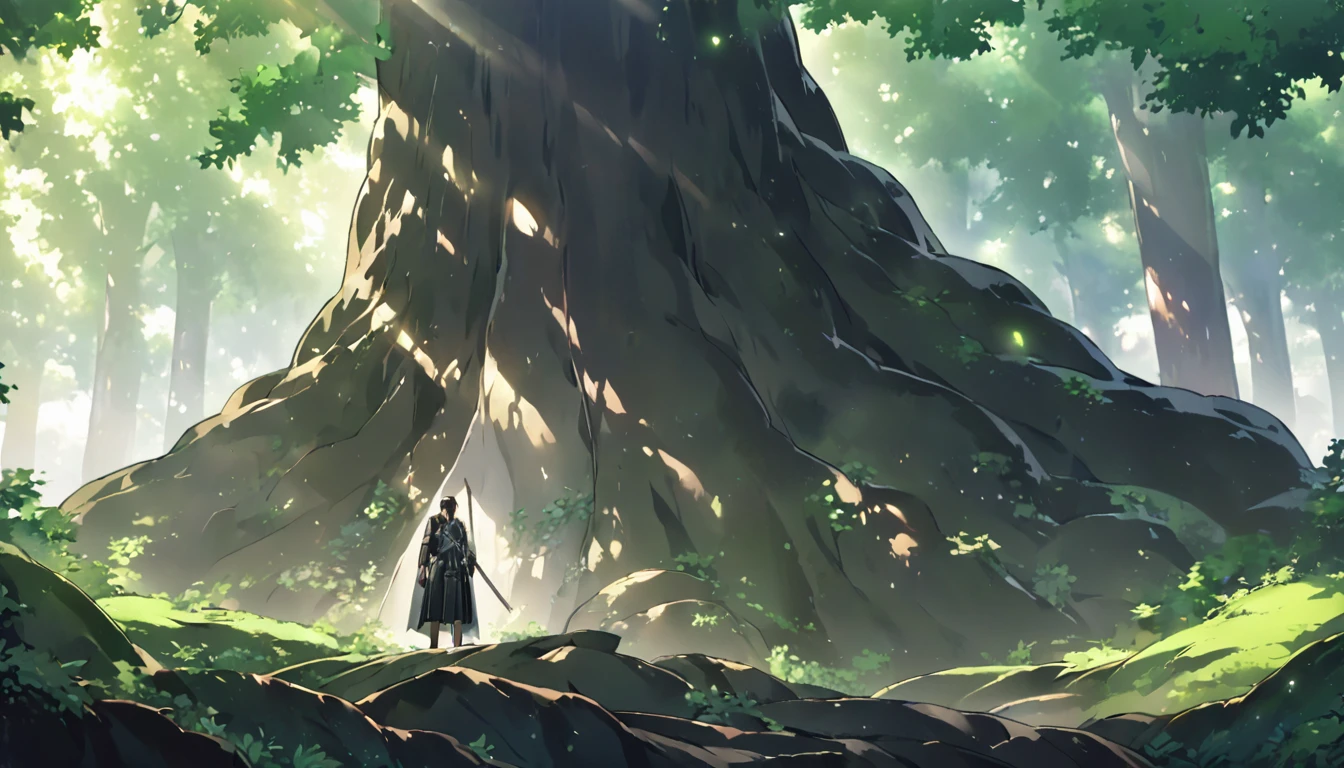 "An anime-style illustration of a strong, confident male warrior resting in a lush, enchanting deep green forest. He is leaning against a large, ancient tree, with his sleek, black outfit and intricate details subtly reflecting the dappled sunlight filtering through the leaves. His black hair is short and slightly tousled, giving him a relaxed yet vigilant look, as if ready to spring into action at any moment. His two swords are securely sheathed in crossed scabbards on his back, clearly visible. The character should be small and positioned in the lower left corner of the image, with a high level of detail and sharp, well-defined features. The background should be expansive, filled with towering trees, lush foliage, and soft beams of light breaking through the canopy, creating a mystical and serene atmosphere. The overall design should evoke a sense of calm, readiness, and the beauty of nature, making it a perfect fit for the 'Brave Music' YouTube channel."