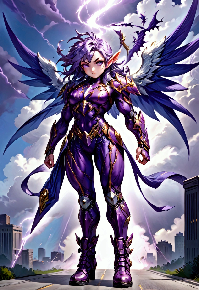 a superhero female elf with light purple, very muscular incredible biceps, skin a lavender purple hair that looks exactly like clouds of lightning, she wears purple rightous armor 💜, wears boots, & has angel wings ( awesome cartoon superhero)