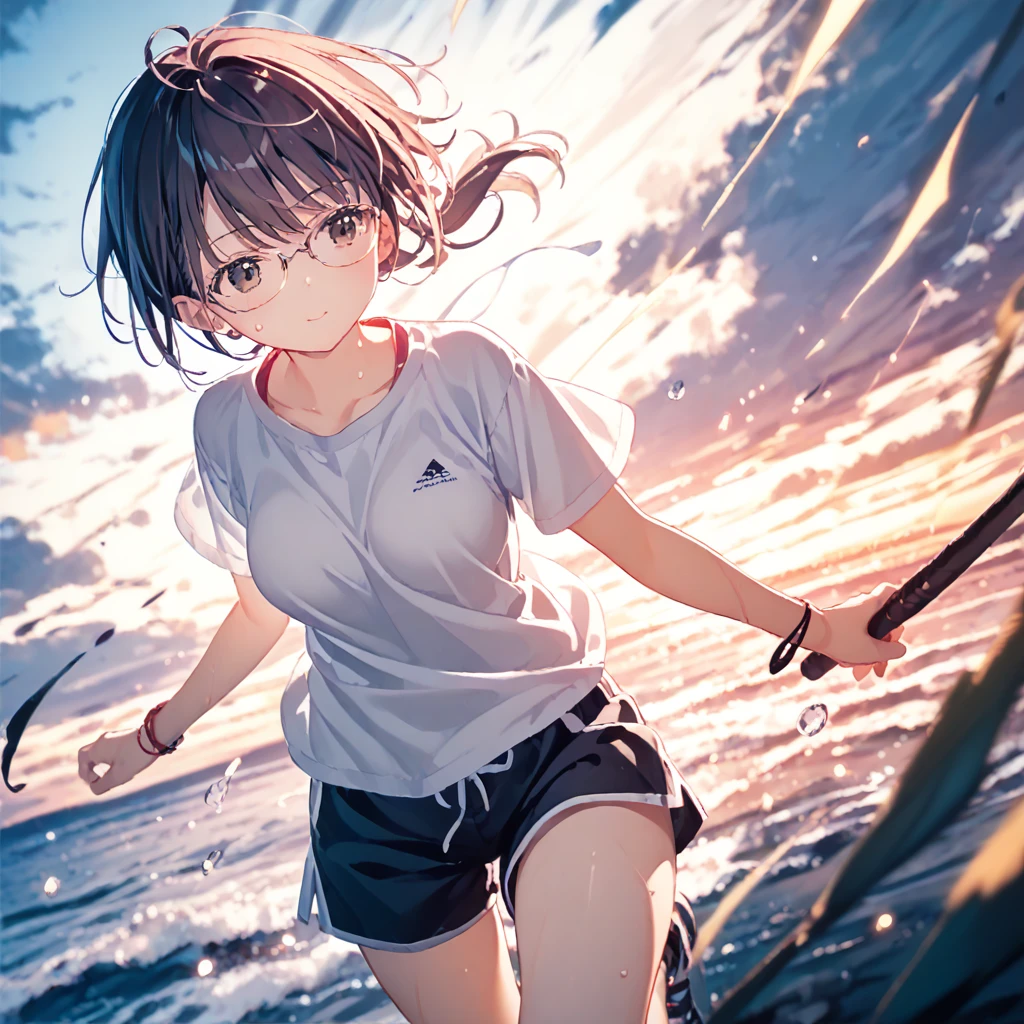 (by mitsumi misato:0.9),(by da-kuro:0.3),(by kantoku:0.3), source_anime, best quality, masterpiece, official art,,break,1girl, tomboy, glasses, short hair, low ponytail, medium breasts, black eyes, shorts, sweat, sleepily, outdoors, wind, (Detailed background),break, Best sexual lighting powered by famous artist, 8k, 16k, cute picture,beauty illustration,photoshop_(medium),best anime 8k konachan wallpaper, pixiv contest winner,