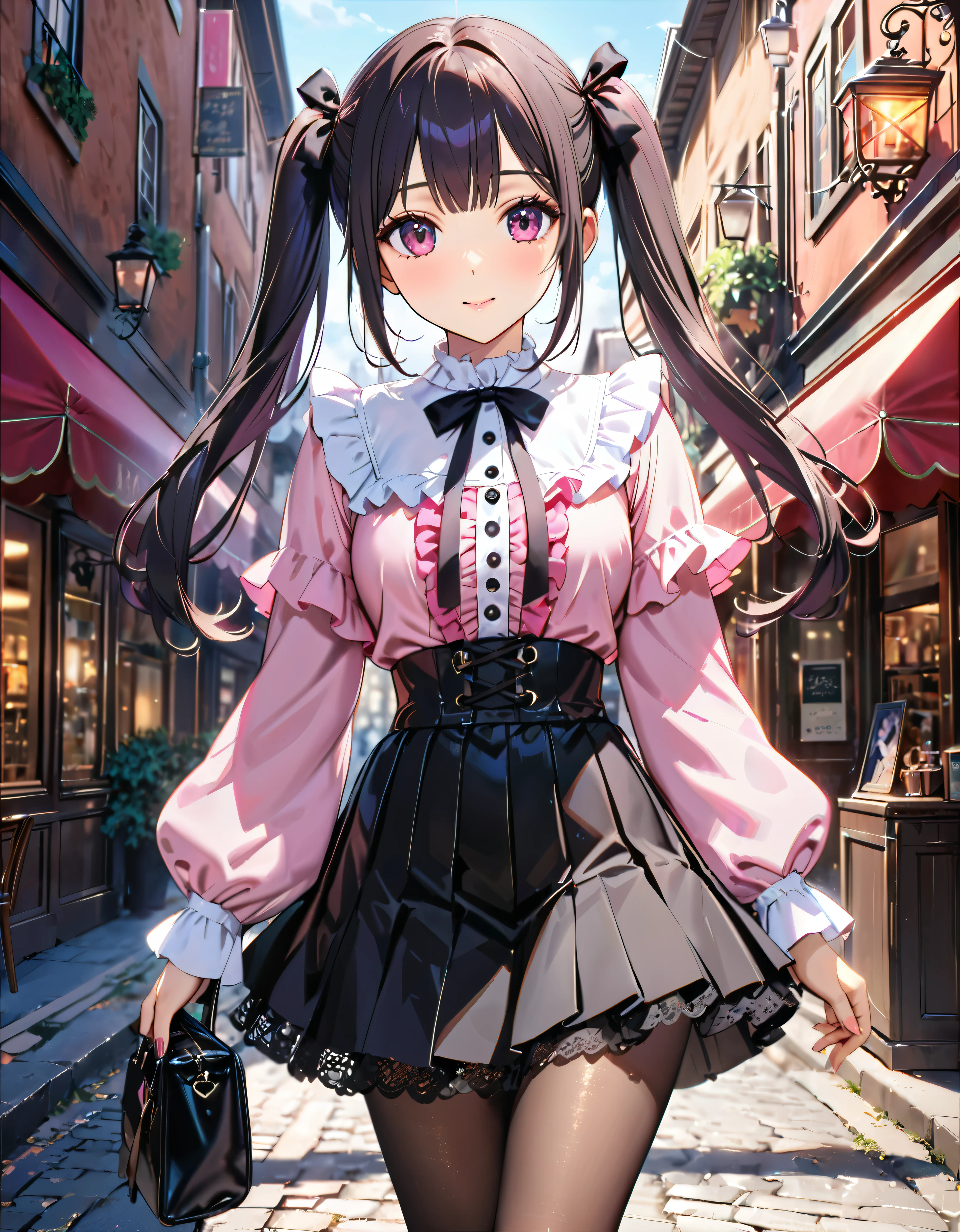 (((blouse pink blouse))), (frilled shirt with black ribbon and lot of frills), (cute lace-up pleated skirt with ruffles:1.2), (lace-up skirt, skirt black skirt:1.2), jirai kei costume, head tilt, anime girl,  girl, cute, very cute, (hair black hair, fluffy middle twintails:1.2), pantyhose, hyper detail face, hustle and bustle at the town, shallow depth of field, blurry background, boke, cinematic shadows, (((Masterpiece, top quality, Spectacular Quality, Distinguished Quality, ultra detailed, ultra high res, unity 16k, 32k, ultra photo realistic, reality, hyper realistic))), 