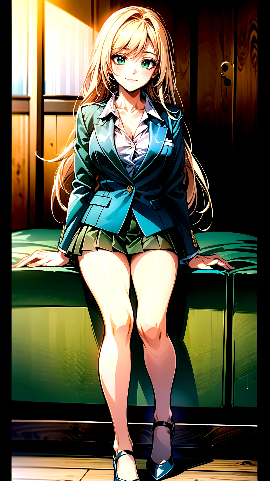 （（super high quality,））（（Ultra-high resolution,））（16K,）（super masterpiece,）（（Ultra HD ,））（Detailed shading,）Full body photo,One high school girl,Pink long hair,Green blazer,popped Tight collar White shirts,Even the third button is undone.,mini skirt,smile,Park in the morning sun,