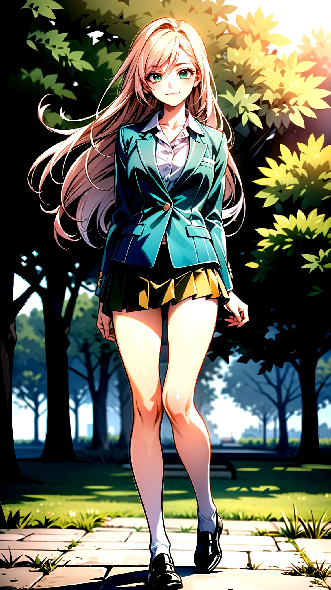 （（super high quality,））（（Ultra-high resolution,））（16K,）（super masterpiece,）（（Ultra HD ,））（Detailed shading,）Full body photo,One high school girl,Pink long hair,Green blazer,popped Tight collar White shirts,Even the third button is undone.,mini skirt,smile,Park in the morning sun,