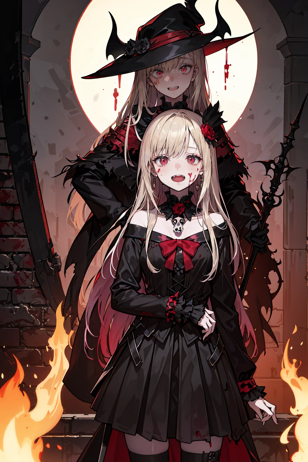 shaded face　、Holding a weapon、Looking at the viewers with a frightening expression、beautiful girl、とてもcute天使、Pink Gothic Fashion、cute、、smile、Long skirt、Black long boots、.(Highest quality,4K,High resolution,masterpiece:1.2),Very detailed,Realistic:1.37,Spooky altar background,Dark fantasy,Red color scheme,Ominous atmosphere,Eye-catching,Storytelling,anatomy,Anime Style,Concept Art,beautiful細部までこだわった顔と (((Red eyes ))),A terrifying ritual ,Satanic Ritual,Premature death,inappropriate behavior,クレイジーなsmile,Scythe Face,Girl Monster, beautiful, Delicate facial features, Sharp Eye, Sharp Fangs, pale skin, Dark Background, Cinema Lighting, Dramatic Shadows, Gothic style, Gloomy atmosphere, Dark fantasy, one person&#39;s, Please open your mouth wide, Open your mouth and baring your teeth,Sharp teeth like a beast, Wide lips, very wide mouth, Vermilion cheeks, ,(Blood splatter:1.4),Scary smile, smile,Angel Design, Twisted smile、Bloody、bleeding from the head,,,,,、Blood splatter、,(Blood splatter:1.4),skull,Demon Spear,Horror Style, ((Fantasy Sweet Ta Frill Pink Costume)), ((Flowing blonde hair)), ,(Blood splatter:1.4),Female curves, Sexy flat stomach, Perfect hands, Perfect anime face, (Pink Tata Dress)), Are standing, ((邪悪なsmile)), ,(Blood splatter:1.4), Steam circulates, (Blood splatter:1.6),アニメAngel Design, Twisted smile、Bloody、bleeding from the head,,,,,、Blood splatter、,(Blood splatter:1.4), skull,Gothic architecture、Western architecture、Fantasy World、,Victorian cities, Skeleton Gas Light,Absurd, High resolution、 ((Tabletop)), ((Highest quality)), (Very detailedな), ((Very detailed)), (beautiful), ((cute)), (NFSW:1.8), alone,(:1.6)、(world&#39;The most terrifying and creepy demon girl:1.5)beautiful face、Whole Body Ezbian、pale, beautiful肌、beautiful金の髪、優しくsmileむ、Dark building ruins、(snow white&#39;Frill dress:1.3)、(The dark ruins are stained with blood:1.3)、Low angle full body shot、(少女は血の海の中にAre standing:1.5)、(The ground is full of blood:1.3)、(The girl lost a lot of blood....:1.3)、(クレイジーなsmile:1.6)、Spirits、(Blood dripping from the mouth:1.3)、