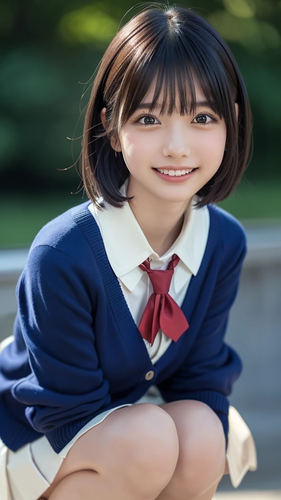 ((masterpiece, Highest quality, High resolution)), Japanese schoolgirl、(Realistic: 1.4), Happy smile、Pointed Mouth、Great face,Glossy Lips、, short hair、(Beautiful Hair:1.5), School classroom、Japanese High School Uniform、(Navy blue cardigan)、(White blouse)、(Red tie)、(Very short pleated skirt)、Beautiful legs、loafers、Smooth, Highly detailed CG composite 8K wallpaper, High resolutionのRAWカラー写真, Professional photography, Light, BackLight, dream-like, impressive, Written boundary depth, (Face close-up:1.5)