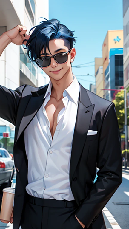 alone、White open-necked shirt and black suit showing collarbone、Smooth blue hair that reaches down to her back、Eyes showing through sunglasses、Handsome man smiling while holding a cup and looking at the camera、Hair up to the neck