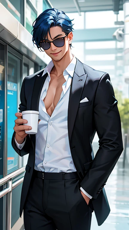 alone、White open-necked shirt and black suit showing collarbone、Smooth blue hair that reaches down to her back、Eyes showing through sunglasses、Handsome man smiling while holding a cup and looking at the camera、Hair up to the neck