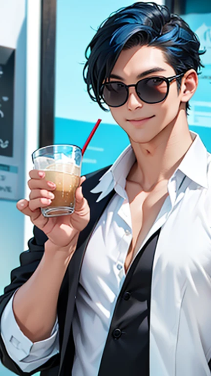 alone、White open-necked shirt and black suit showing collarbone、Smooth blue hair that reaches down to her back、Eyes showing through sunglasses、Handsome man smiling while holding a cup and looking at the camera、Hair up to the neck