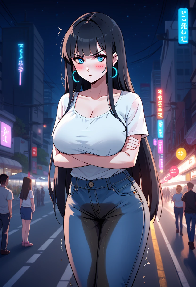 1girl, woman, (wetting self:1.5), desperation, (very long hair:1.5), straight hair, medium bangs, huge breasts, black hair, blue eyes, jeans, cleavage, (blushing:1.5), humiliation, angry, trembling, (arms crossed:1.5), city, street, crowd, night, futuristic, colorful lights, colorful city, (saturated:1.5)