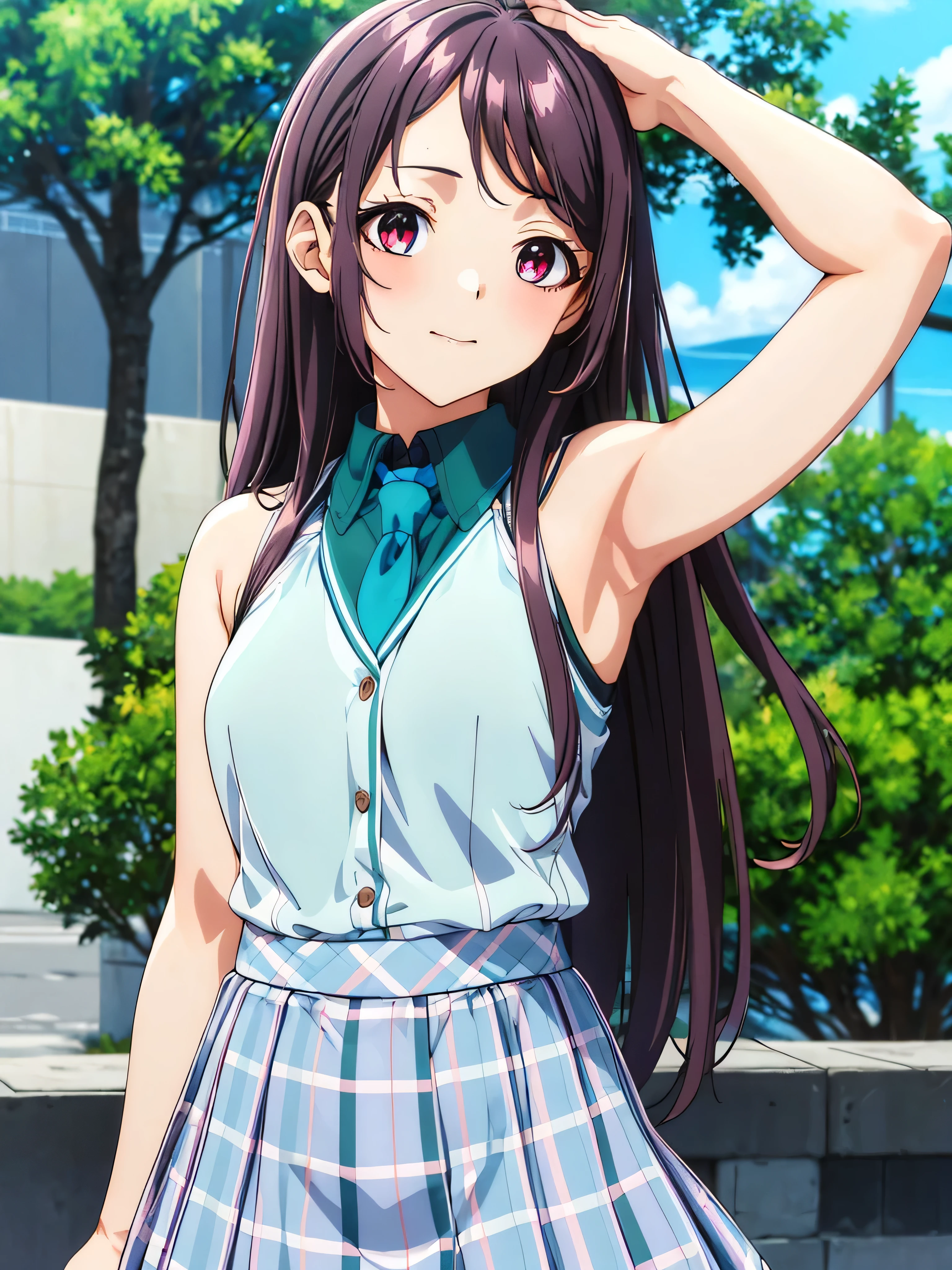 Show your armpits,Kaori Hojo, girl, (masterpiece: 1.1), (highest quality: 1.1), Upper body bikini, (white bikini: 1.1), (plaid skirt: 1.1), high waist skirt, break [green grass: pink, :0.5] theme, (Urban background: 1.1), denim lens, break Silver, length, green eyes, landscape, small chest, low length, girl, big breasts,