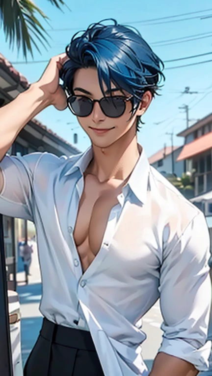 alone、Wearing a white open-necked shirt and a black suit、showing the collarbone、Smooth blue hair that reaches down to her back、Eyes showing through sunglasses、Handsome man smiling while holding a cup and looking at the camera、Hair up to the neck