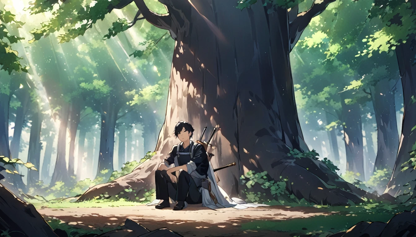 "An anime-style illustration of a strong, confident male warrior sitting on the forest floor, resting with his back against a large, ancient tree. He is dressed in a sleek, black outfit with intricate details that subtly reflect the dappled sunlight filtering through the dense canopy above. His black hair is short and slightly tousled, giving him a relaxed, calm expression, as he takes a moment to rest. His two swords are securely sheathed in crossed scabbards on his back, clearly visible even as he sits. The character should be positioned in the lower left corner of the image, sitting with his legs comfortably extended, his hands resting on his knees or the ground. The background should be expansive, filled with deep green foliage, towering trees, and soft beams of light breaking through the leaves, creating a mystical, serene atmosphere. The overall design should convey a sense of tranquility, readiness, and the beauty of nature, making it a perfect fit for the 'Brave Music' YouTube channel."