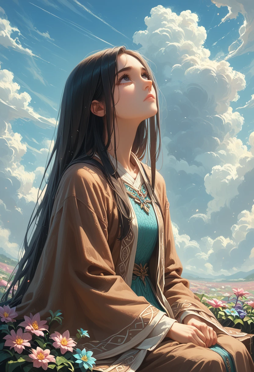 (Best quality, masterpiece), Turquoise mesh filter, (1 girl, One, brown robe, facial expression, Looking up, sitting, wide sleeves, black eyes, closed mouth, long hair, cowboy shot), (clear sky, The Cosmos Flower is served, cloud),