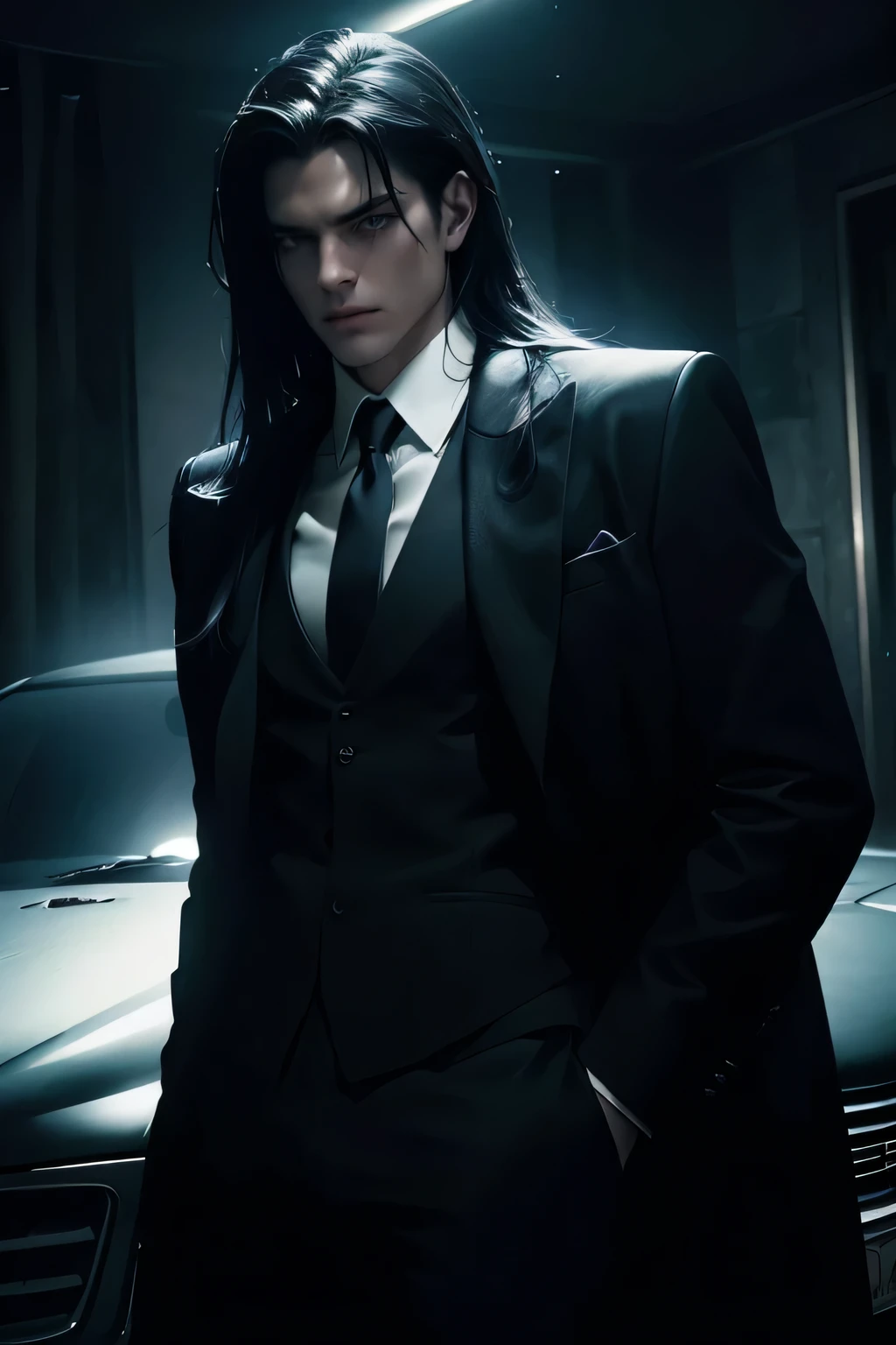 a man with long black hair and intense black eyes wearing a suit, enigmatic and serious expression, dark moody atmosphere, cinematic lighting, dramatic shadows, highly detailed, photorealistic, 8k, best quality, masterpiece