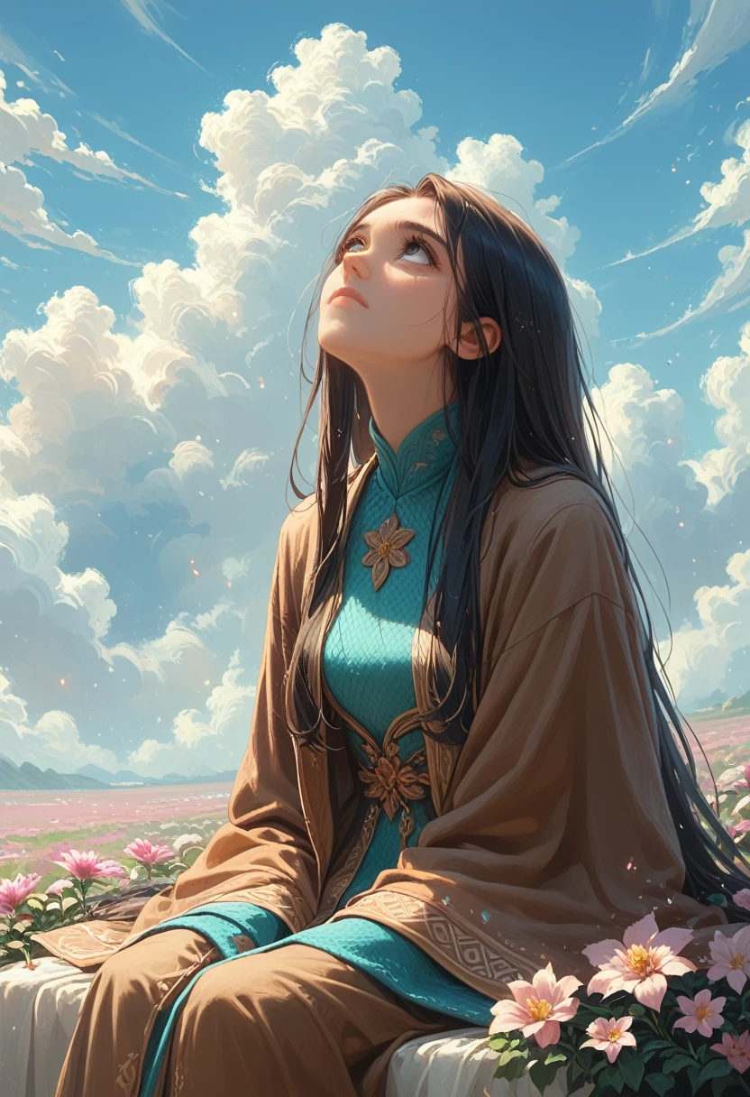 (Best quality, masterpiece), Turquoise mesh filter, (1 girl, One, brown robe, facial expression, Looking up, sitting, wide sleeves, black eyes, closed mouth, long hair, cowboy shot), (clear sky, The Cosmos Flower is served, cloud),