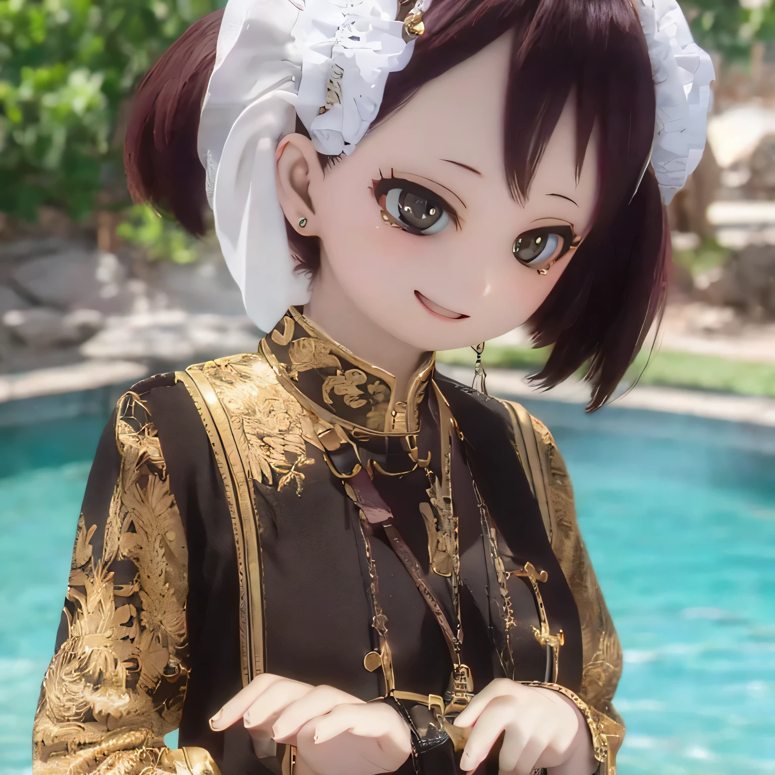 (best quality,4k,highres,masterpiece:1.2),ultra-detailed,realistic,photorealistic,beautiful detailed eyes,beautiful detailed lips,long eyelashes,black hair,short hair,smiling,cute expression,playful,standing in a pool,flat chest,petite girl