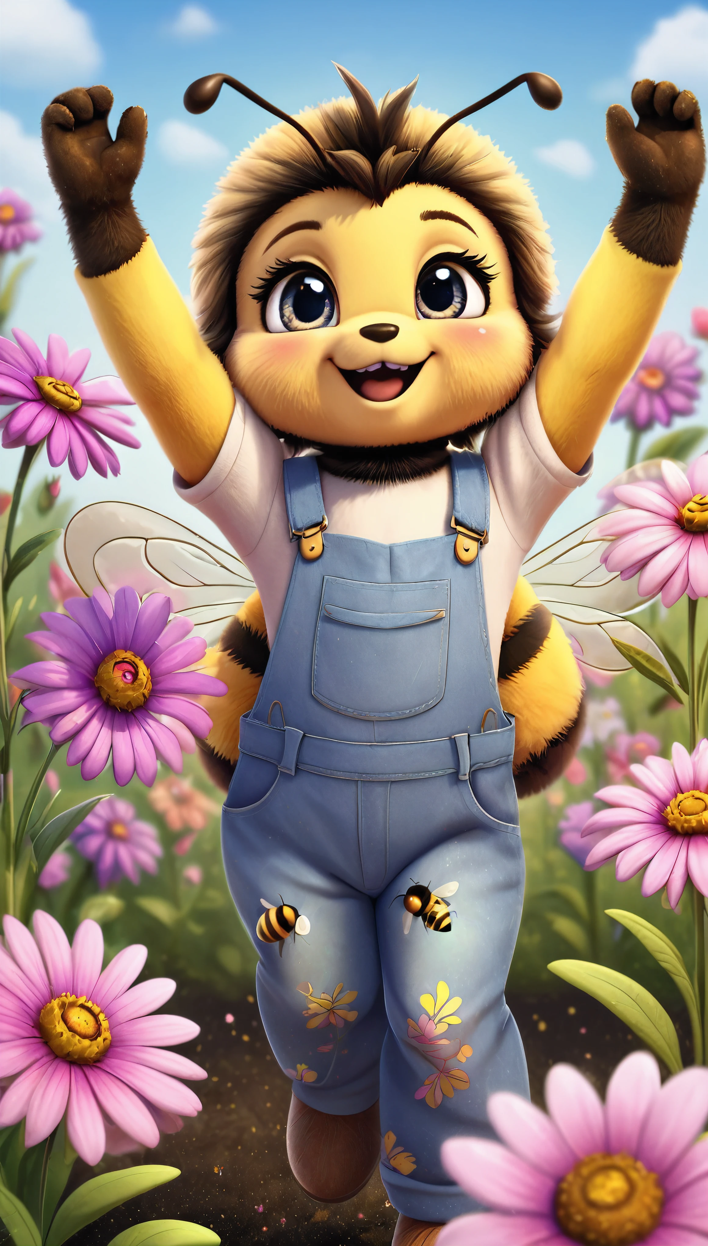 cute bee, cartoon , clothes, arms up, hands ,cute eyes, looking at viewer, dirty, flowers, straight, pollen, long pants